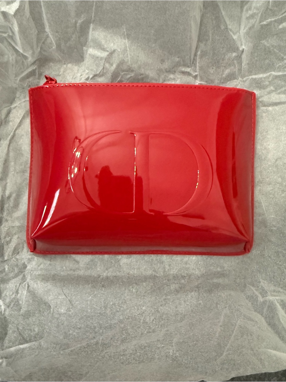 New Dior Red Patent Cosmetic Pouch with Embossed Logo